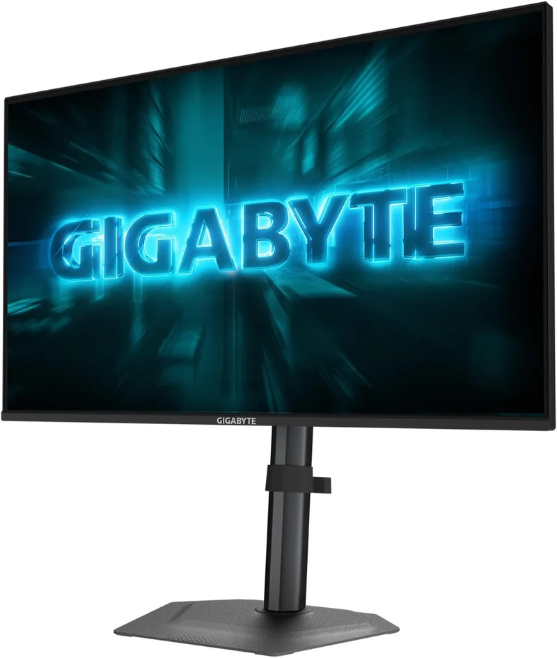 A Gigabyte monitor displaying a glowing blue 'GIGABYTE' logo on the screen.