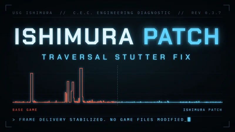 A graph compares 'Base Game' and 'Ishimura Patch' performance, showing reduced stuttering, with text stating 'Traversal Stutter Fix' and 'Frame delivery stabilized. No game files modified.'