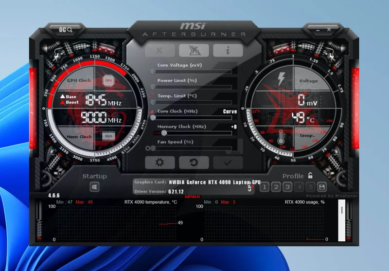 The MSI Afterburner interface is displayed, indicating a GPU clock of 1845 MHz and a memory clock of 9000 MHz for a 'NVIDIA GeForce RTX 4090 Laptop GPU'.