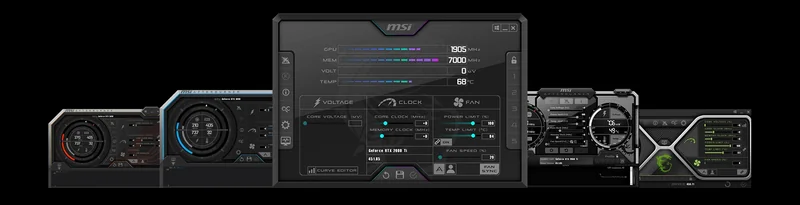 A series of MSI Afterburner software interfaces displaying GPU information, including 'GeForce RTX 2080 TI' and metrics like core clock and temperature.