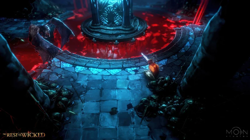 A scene from the game 'No Rest for the Wicked' shows a warrior with a glowing sword facing a creature near a blood-red pool surrounded by ominous ruins, with logos for 'No Rest for the Wicked' and 'Moon Studios' in the corners.