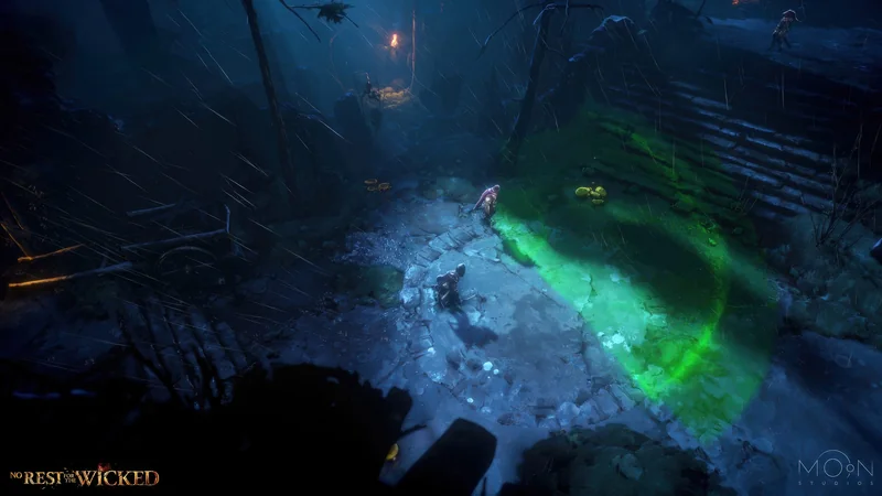 A dark, atmospheric scene from the game 'No Rest for the Wicked' shows two characters exploring a rain-soaked, forest pathway with glowing green puddles.