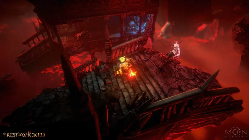 A character in No Rest for the Wicked battles an enemy on a fiery, crumbling bridge.
