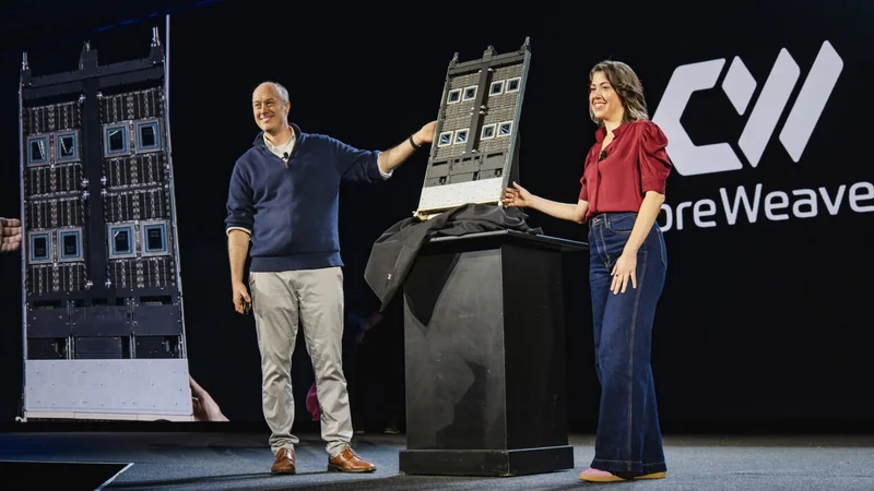 Two presenters holding a large electronic component with visible chips on stage next to a 'CoreWeave' logo.