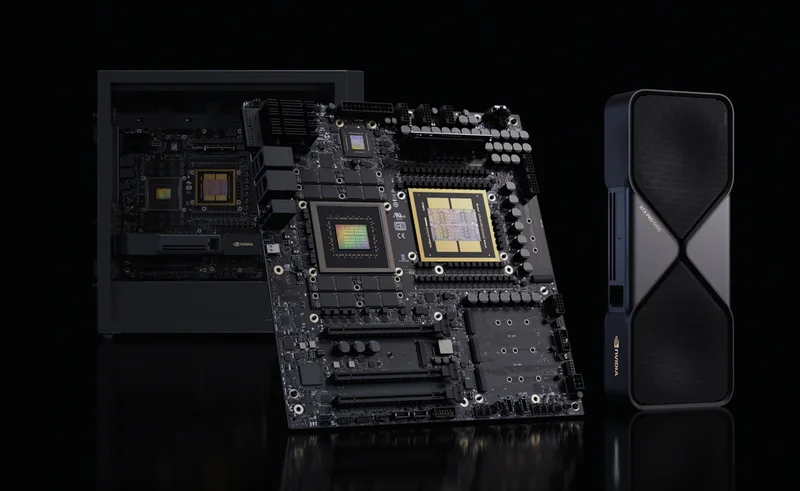 An NVIDIA RTX 6000 Ada graphics card is displayed alongside a motherboard featuring a large NVIDIA chip.