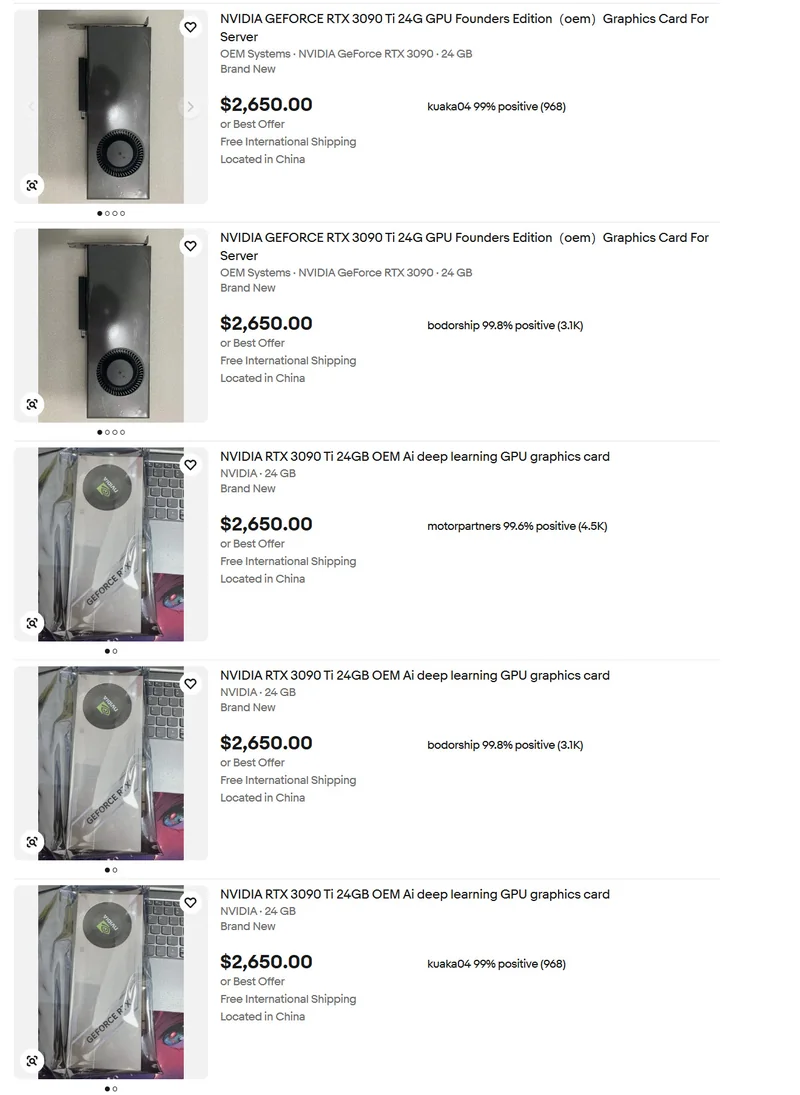An online marketplace listing shows multiple NVIDIA RTX 3090 Ti 24GB graphics cards priced at $2,650.00, offering free international shipping from China.