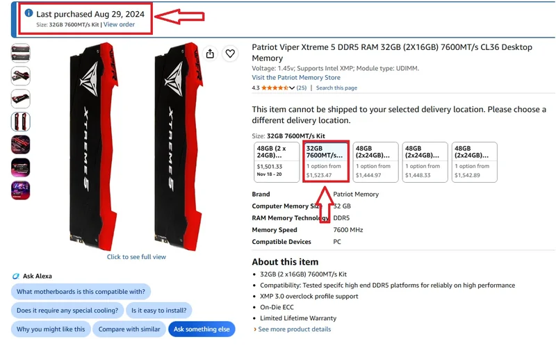 The image displays a listing for Patriot Viper Xtreme 5 DDR5 RAM 32GB (2x16GB) 7600MT/s on Amazon, priced at $1,523.47, with a last purchased date of Aug 29, 2024, and various buying options.