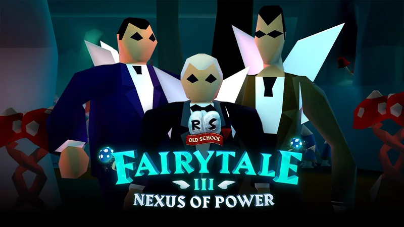 Three stylized characters stand in front of an 'RS Old School' logo and the text 'FAIRYTALE III NEXUS OF POWER' in a game promotional image.