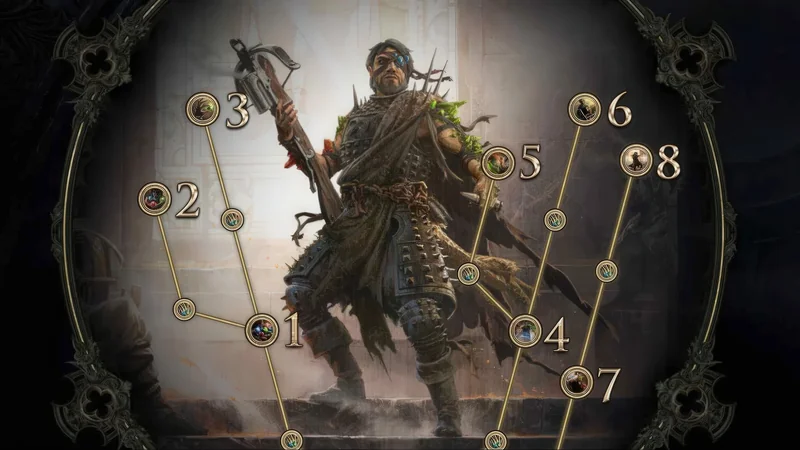 A character from Path of Exile 2 stands in a detailed skill tree interface with numbered nodes and various skill icons connected by lines.