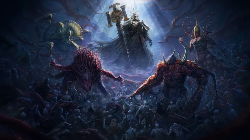 A dark fantasy artwork depicting a menacing armored figure with a crown and a large sword, surrounded by monstrous creatures, writhing serpents, and a mass of smaller figures in a chaotic scene.