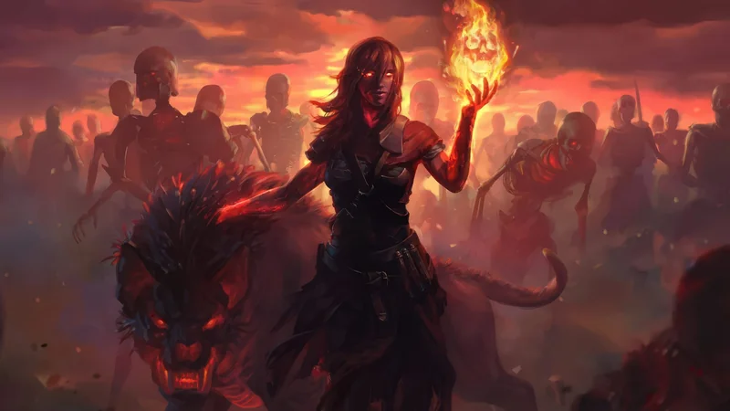 A female character in dark armor, holding a fiery orb and surrounded by skeletons, stands beside a fierce, red-eyed beast in a dramatic sunset scene.