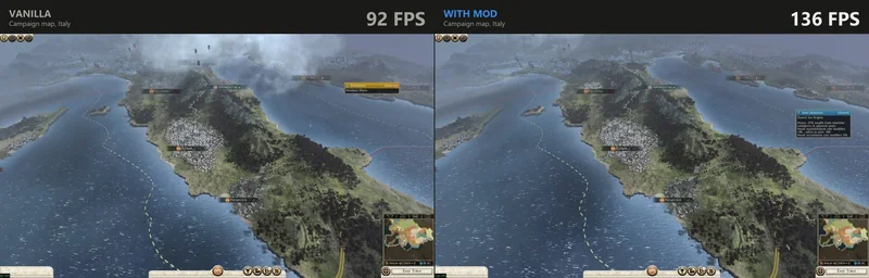 A side-by-side comparison of a campaign map in Italy from a game shows 'VANILLA 92 FPS' on the left and 'WITH MOD 136 FPS' on the right, with visible labels for Roma and Neapolis.