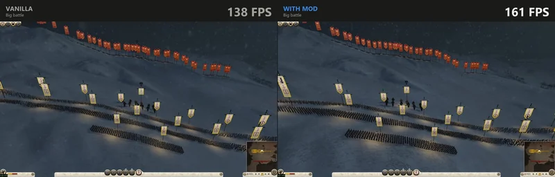 A side-by-side comparison of a game titled 'Big battle' shows a performance difference with 138 FPS in 'VANILLA' mode and 161 FPS in 'WITH MOD' mode.