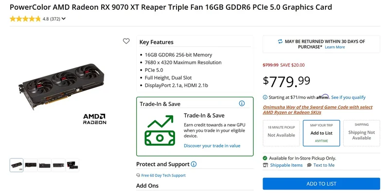 The PowerColor AMD Radeon RX 9070 XT Reaper Triple Fan 16GB GDDR6 PCIe 5.0 graphics card is priced at $779.99, with key features including 16GB GDDR6 memory, 7680 x 4320 maximum resolution, PCIe 5.0, and connectivity via DisplayPort 2.1a and HDMI 2.1b.
