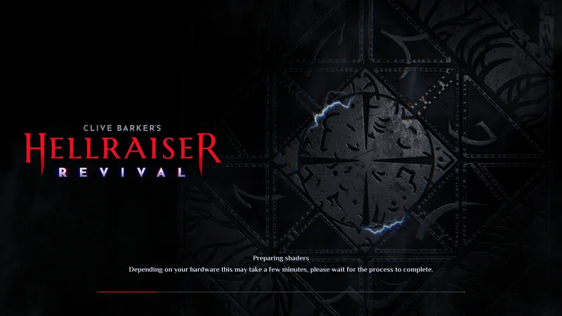 The loading screen of Clive Barker's Hellraiser Revival displays the text 'Preparing shaders' with an intricate, dark geometric pattern in the background.