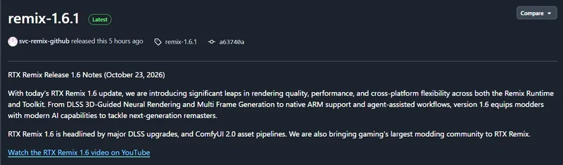 A GitHub release page showing 'remix-1.6.1' with details about RTX Remix 1.6 updates including DLSS upgrades and ComfyUI 2.0 asset pipelines.