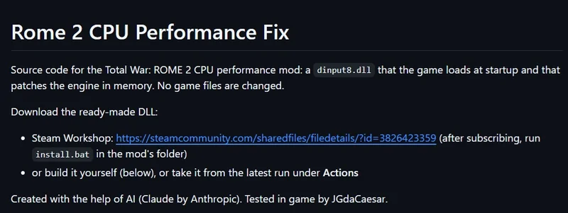 Text describing a 'Rome 2 CPU Performance Fix' mod with instructions to download a 'dinput8.dll' from Steam Workshop, mentioning AI support by Anthropic and testing by JGdaCaesar.