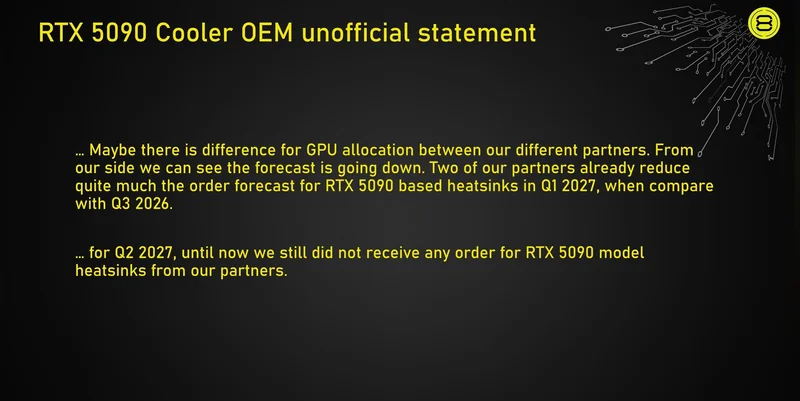 The image displays a slide titled 'RTX 5090 Cooler OEM unofficial statement' discussing reduced order forecasts for RTX 5090 heatsinks by partners and mention of no received orders for Q2 2027.