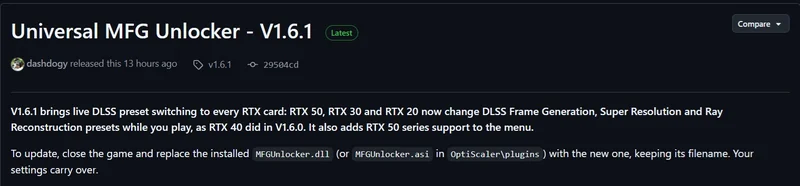 The Universal MFG Unlocker interface displays version 'V1.6.1' with features including DLSS preset switching for RTX 50, 30, and 20 series, and added support for RTX 50 series.