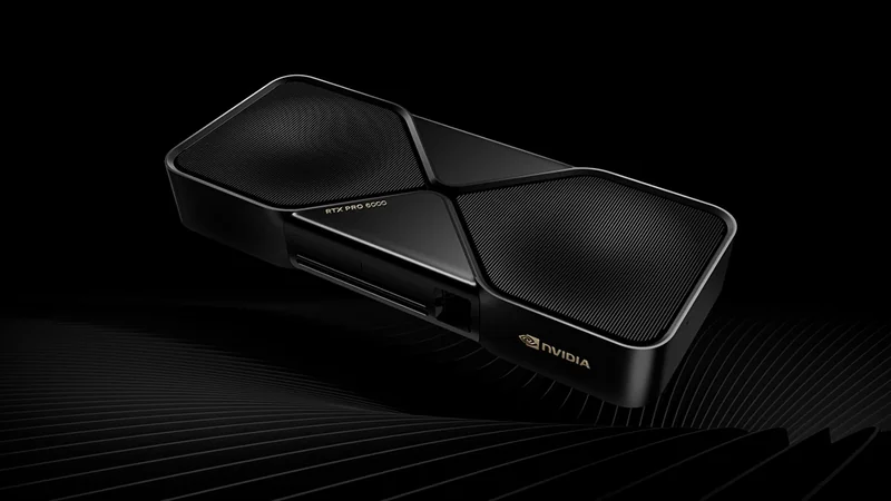 A black NVIDIA RTX Pro 8000 graphics card with a sleek design is displayed on a dark background, featuring the NVIDIA logo and model name.