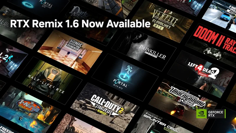 A collage of video game images features 'RTX Remix 1.6 Now Available' with games like 'Portal RTX,' 'Sonic Adventure Remixed,' and 'Half-Life 2 RTX,' alongside an NVIDIA GeForce RTX logo.