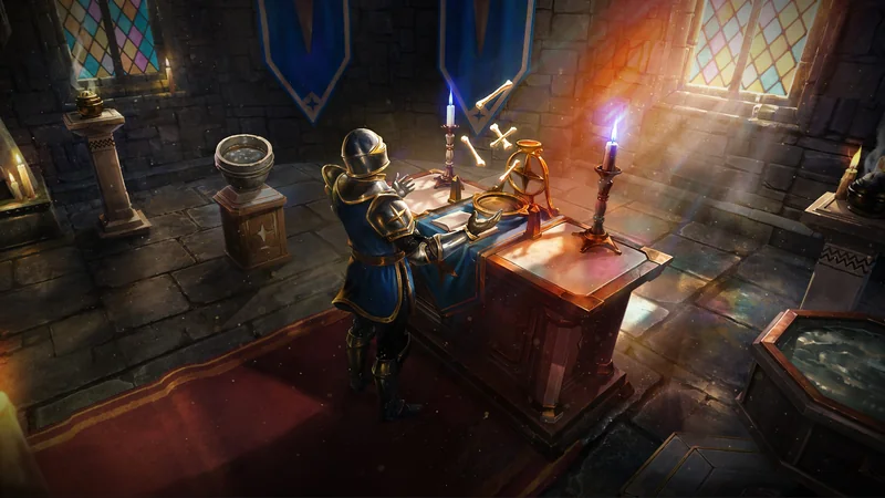 A knight in armor is standing at an altar within a sunlit medieval castle, surrounded by candles and colorful stained-glass windows.