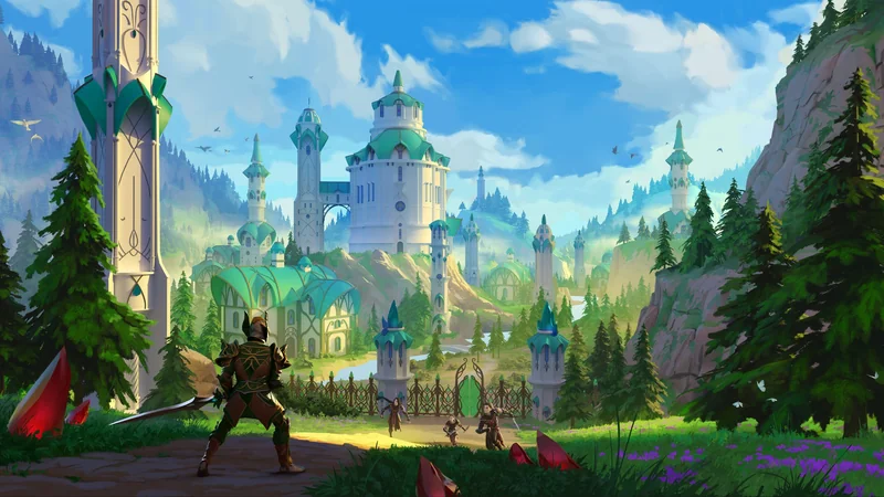 A character in armor wields a sword while facing a walled city with tall towers and green-tinged roofs, surrounded by a forested landscape.