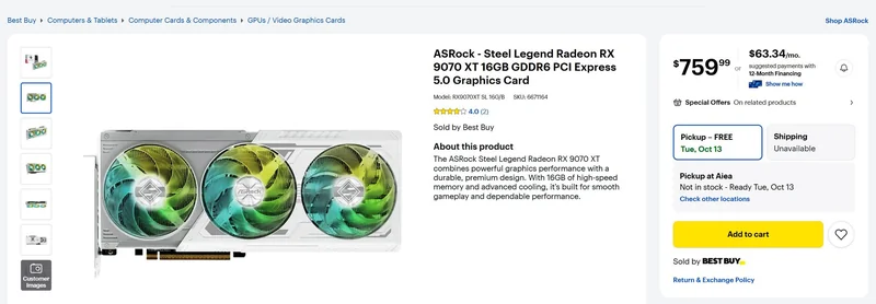 ASRock Steel Legend Radeon RX 9070 XT 16GB GDDR6 graphics card listed at Best Buy for $759.99 with a '4.0' star rating.