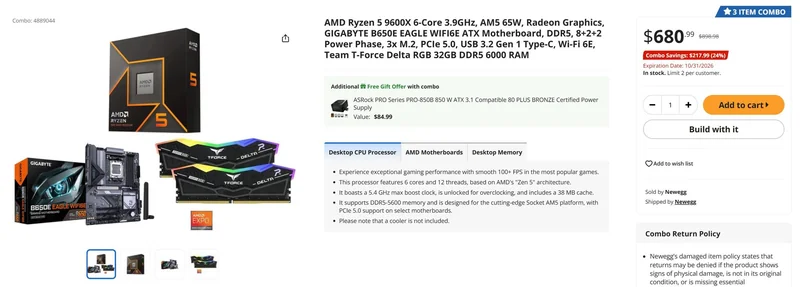 A combo set including an AMD Ryzen 5 9600X, Gigabyte B650E Eagle WIFI6E ATX motherboard, and Team T-Force Delta RGB 32GB DDR5 6000 RAM, priced at $680.99 shown alongside packaging and product details.