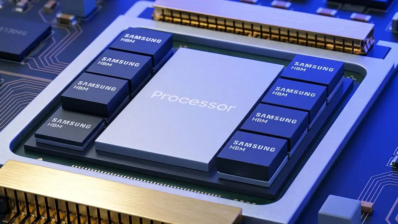 A close-up image shows a processor surrounded by several 'Samsung HBM' memory chips on a circuit board.