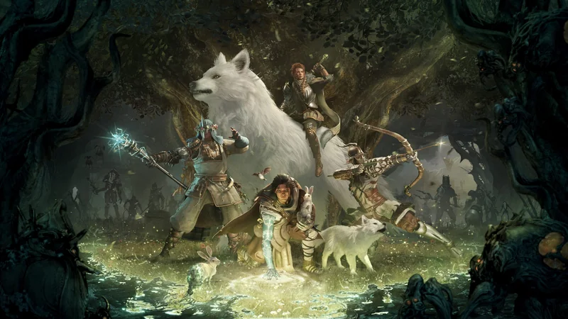 Characters from the game Soulframe in a forest setting, featuring a sorcerer casting a spell and an archer aiming an arrow.