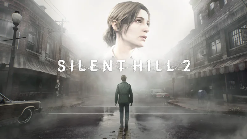 A scene from Silent Hill 2 shows a foggy street with a person facing away, and a large image of a woman's face above.
