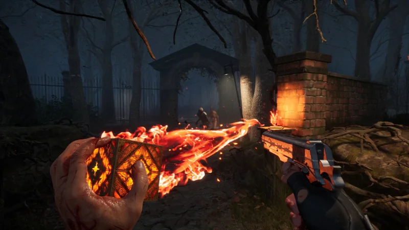 A player in a dark forest setting is wielding a fiery cube and a glowing handgun in a video game scene.