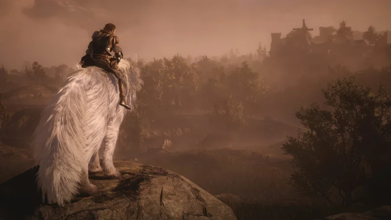 A character rides a large, white furry creature through a misty forest landscape, with a castle visible in the distance.