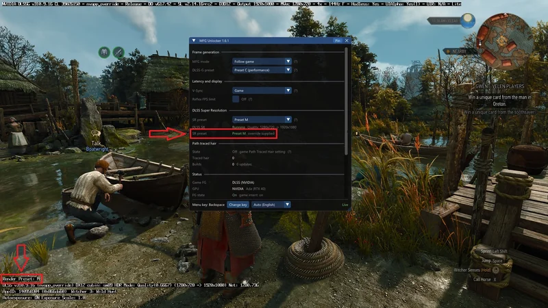 A screen from The Witcher 3: Wild Hunt shows a settings modification panel for DLSS Super Resolution with 'SR preset' set to 'Preset M_override supplied' and an NPC character labeled 'Talk: Boatwright.'