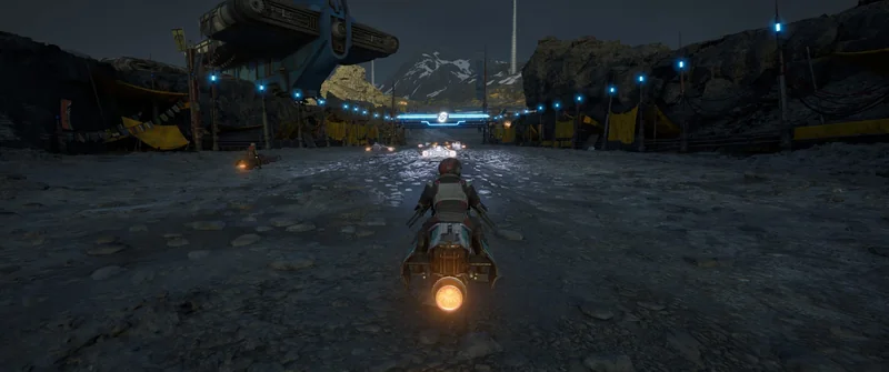 A character in 'Starfield' rides a hoverbike on a rocky terrain at night, approaching a checkpoint under blue lights.