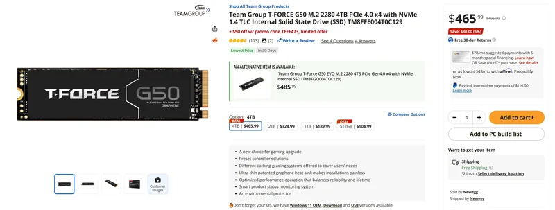 The Team Group T-Force G50 M.2 2280 4TB PCIe 4.0 x4 SSD is shown with a price of $465.99 and promotional details highlighting a $30 discount.