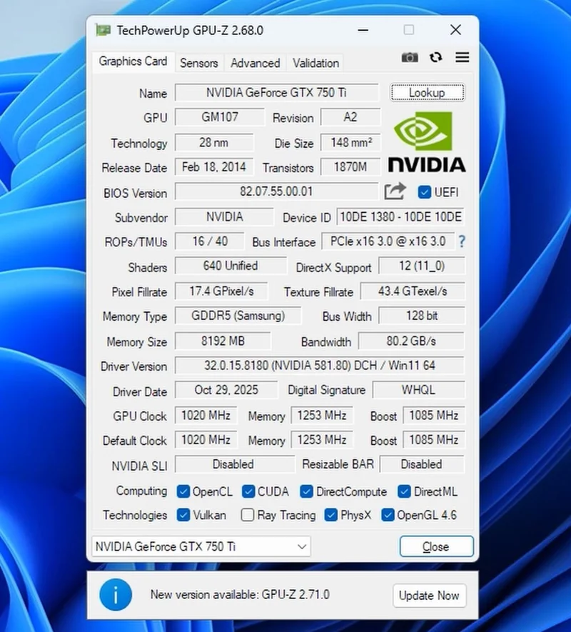 The TechPowerUp GPU-Z 2.68.0 interface displays detailed specifications of the NVIDIA GeForce GTX 750 Ti, including a GPU clock of 1020 MHz and 8192 MB GDDR5 memory, with a notification about a new version, GPU-Z 2.71.0.