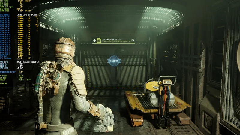 A character in 'Dead Space' approaches an 'Unlocked' cargo door, with performance metrics for an NVIDIA RTX 4090 and Intel Core i7-14700K displayed on screen.