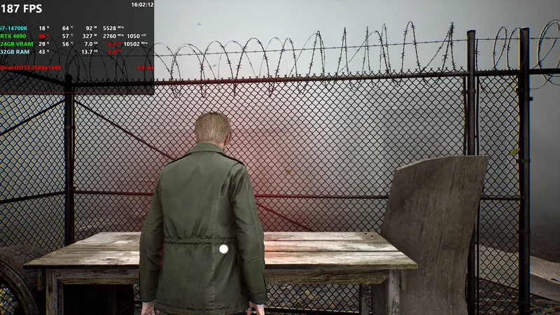 A character in an overcoat stands in front of a barbed wire fence with performance metrics displayed overlaying the scene, including 'Intel Core i7-14700K,' 'RTX 4090,' '187 FPS,' and 'Direct3D12 2560x1440' resolution.