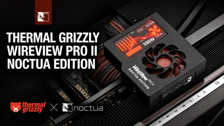 The image shows a Thermal Grizzly WireView Pro II Noctua Edition device displaying '590W' on a power supply inside a computer setup, with the Thermal Grizzly and Noctua logos visible.