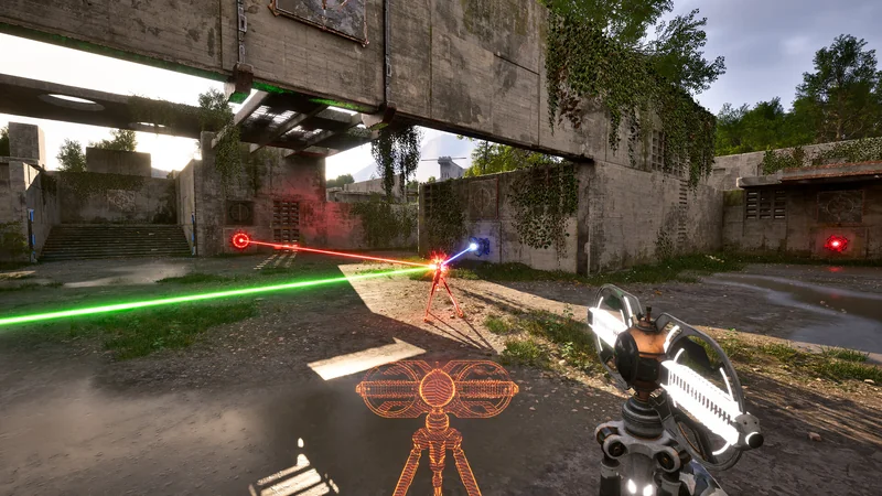 A scene from the game The Talos Principle 2 showing a puzzle with a red laser beam directed at a reflective device in a rustic, overgrown courtyard setting.