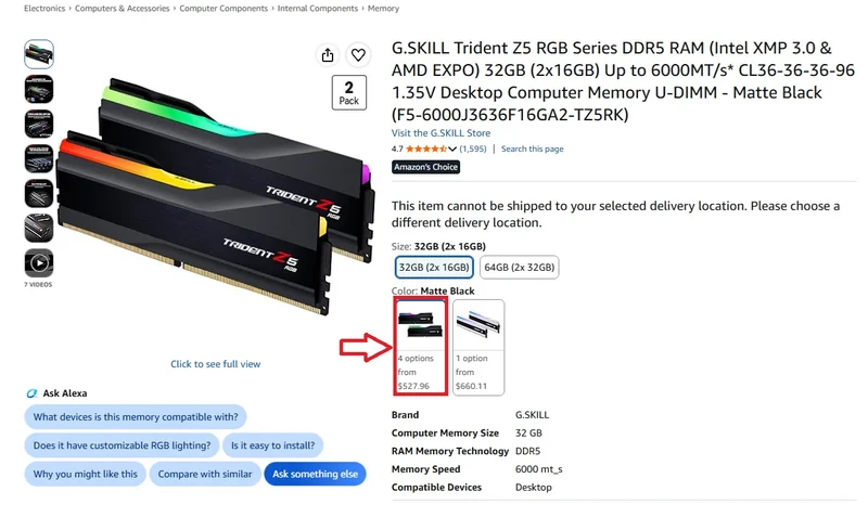 G.SKILL Trident Z5 RGB Series DDR5 RAM, 32GB (2x16GB) kit, with Intel XMP 3.0 & AMD EXPO support, is shown in 'Matte Black' with a price starting from '$527.96'.