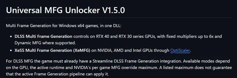 The image displays text describing Universal MFG Unlocker V1.5.0, highlighting DLSS and XeSS Multi Frame Generation controls for RTX 40/30 series GPUs and others, with a mention of OptiScaler.
