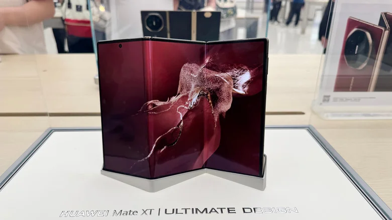 The tri-fold smartphone Huawei Mate XT on display.